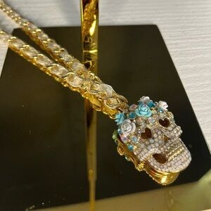 Betsey Johnson Sugar Skull Statement Necklace Aurora Borealis Opal Gold NWT